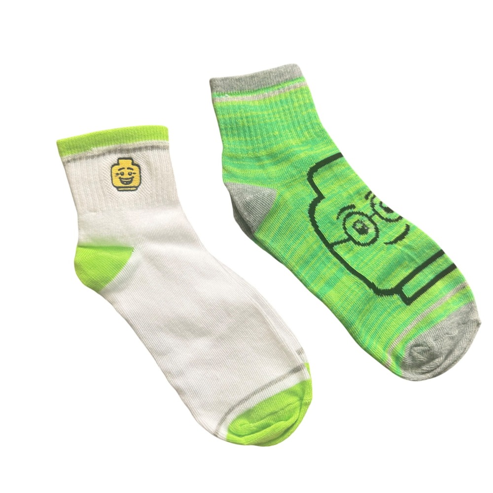 LEGO Kids Crew Socks‎ 2 Pair Set White Lime Green Minifigure Face Print 2018